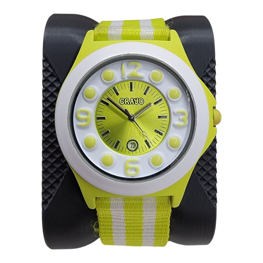 Crayo Carnival Watch Lime Green White Striped Nylon Strap Date Sunray Dial